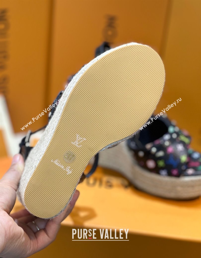 Louis Vuitton LV x TM Helios Wedge Sandals 8cm in Multicolor Monogram Canvas Black 2025 (MD-250222064)