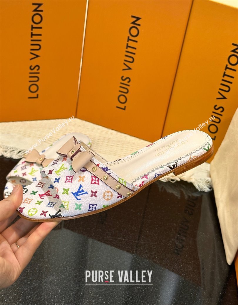 Louis Vuitton LV x TM 6AM Flat Slides Sandal in Multicolor Monogram Canvas with Bow White 2025 (MD-250222067)