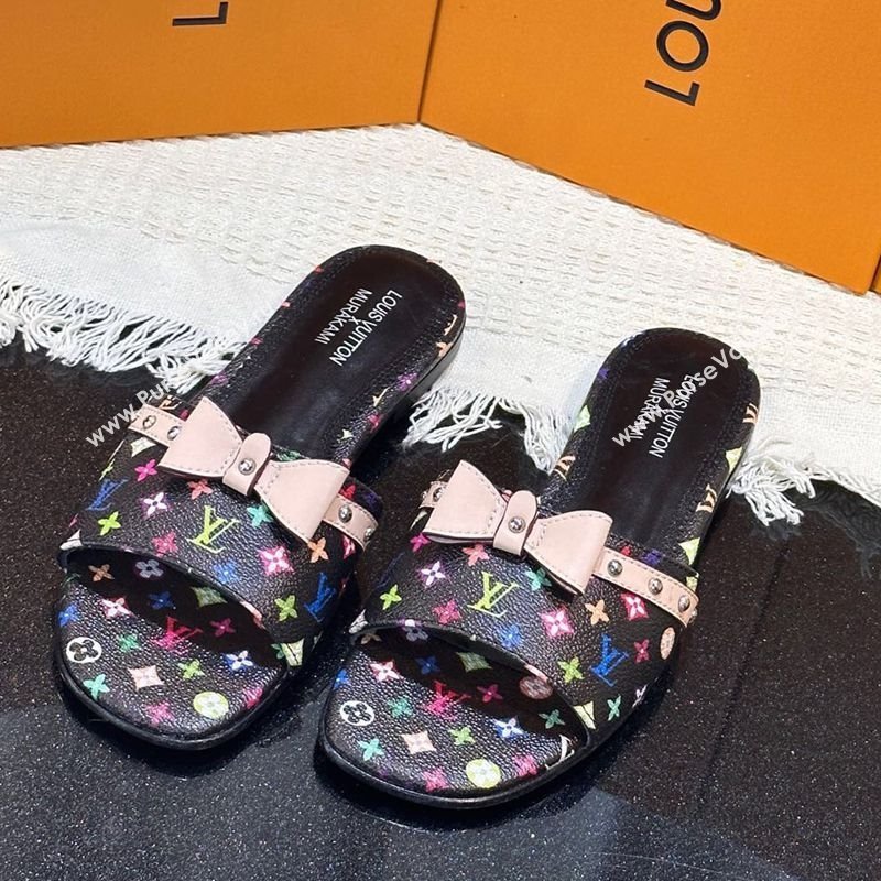 Louis Vuitton LV x TM 6AM Flat Slides Sandal in Multicolor Monogram Canvas with Bow Black 2025 (MD-250222068)