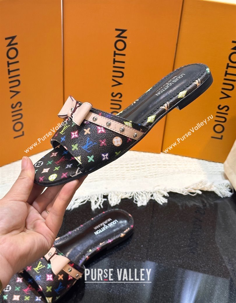 Louis Vuitton LV x TM 6AM Flat Slides Sandal in Multicolor Monogram Canvas with Bow Black 2025 (MD-250222068)