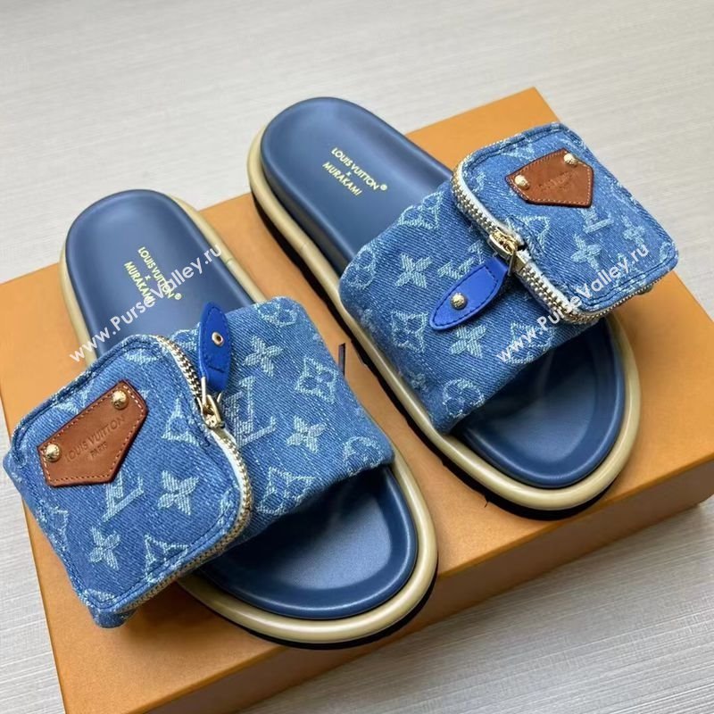 Louis Vuitton LV x TM Pool Pillow Flat Comfort Slides Sandal in Blue Denim with Pouch 2025 (MD-250222073)