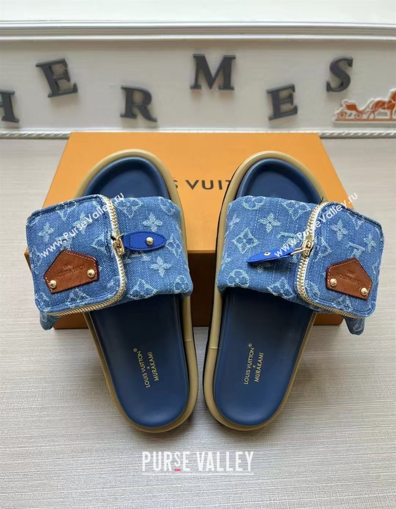 Louis Vuitton LV x TM Pool Pillow Flat Comfort Slides Sandal in Blue Denim with Pouch 2025 (MD-250222073)