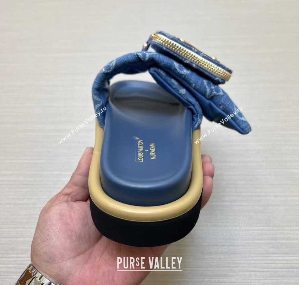 Louis Vuitton LV x TM Pool Pillow Flat Comfort Slides Sandal in Blue Denim with Pouch 2025 (MD-250222073)
