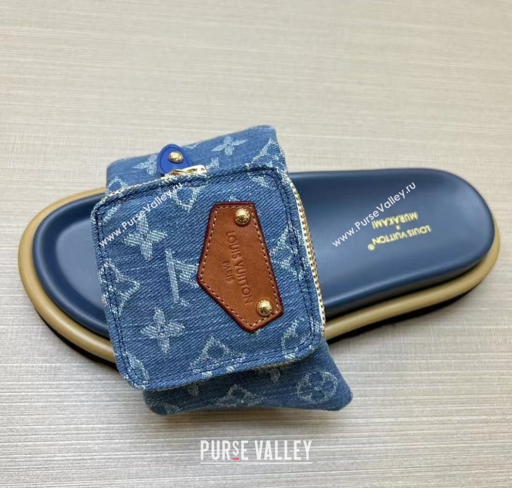 Louis Vuitton LV x TM Pool Pillow Flat Comfort Slides Sandal in Blue Denim with Pouch 2025 (MD-250222073)