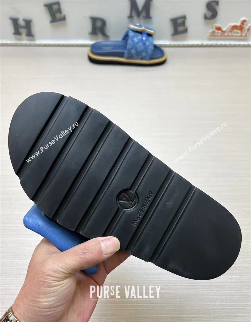 Louis Vuitton LV x TM Pool Pillow Flat Comfort Slides Sandal in Blue Denim with Pouch 2025 (MD-250222073)