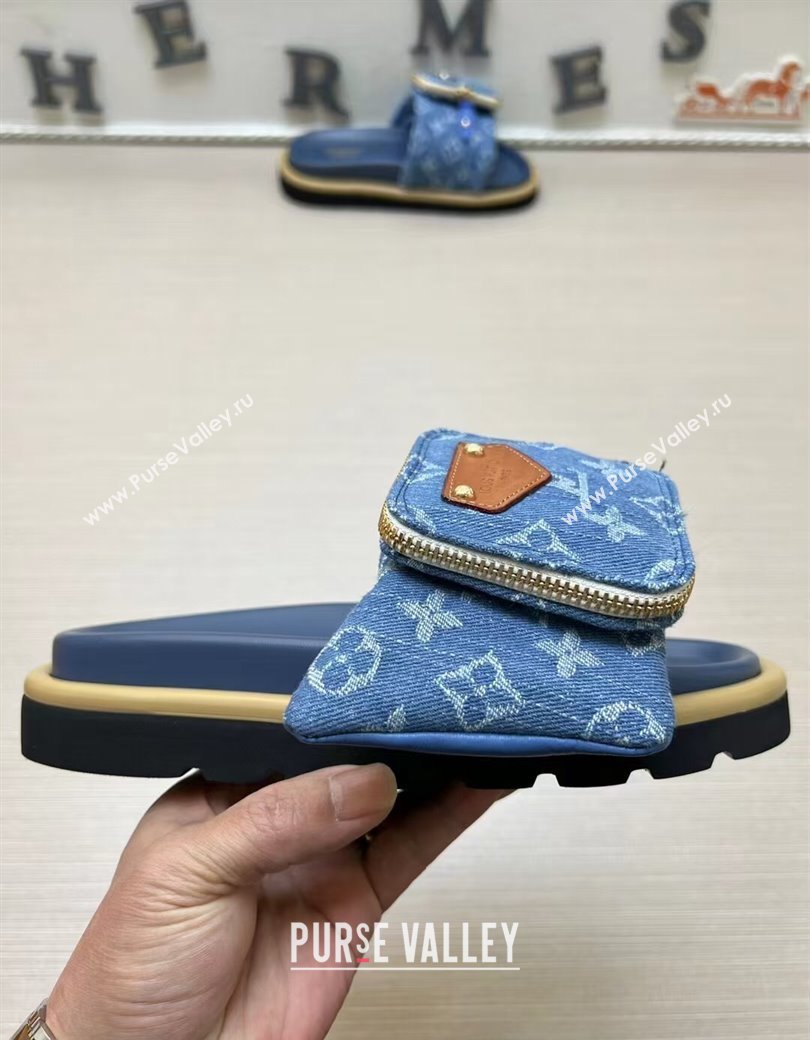 Louis Vuitton LV x TM Pool Pillow Flat Comfort Slides Sandal in Blue Denim with Pouch 2025 (MD-250222073)