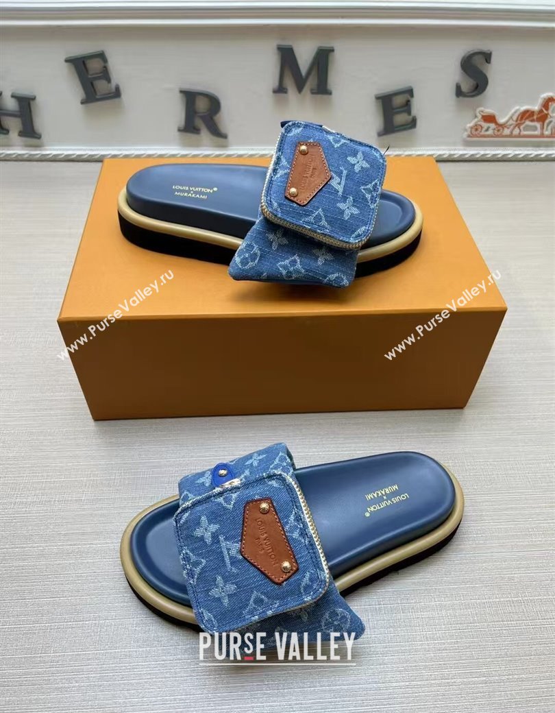 Louis Vuitton LV x TM Pool Pillow Flat Comfort Slides Sandal in Blue Denim with Pouch 2025 (MD-250222073)