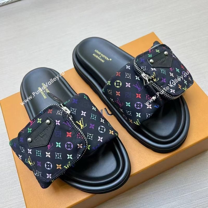 Louis Vuitton LV x TM Pool Pillow Flat Comfort Slides Sandal in Multicolor Monogram Nylon with Pouch Black 2025 (MD-250222074)