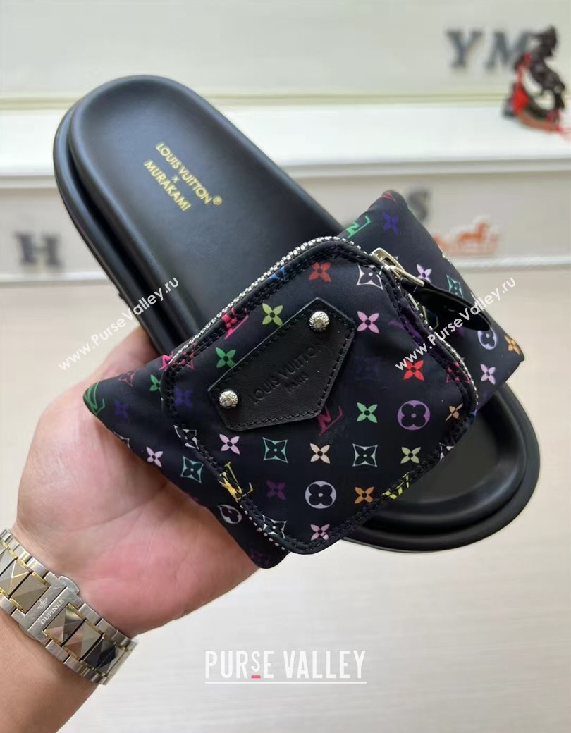 Louis Vuitton LV x TM Pool Pillow Flat Comfort Slides Sandal in Multicolor Monogram Nylon with Pouch Black 2025 (MD-250222074)