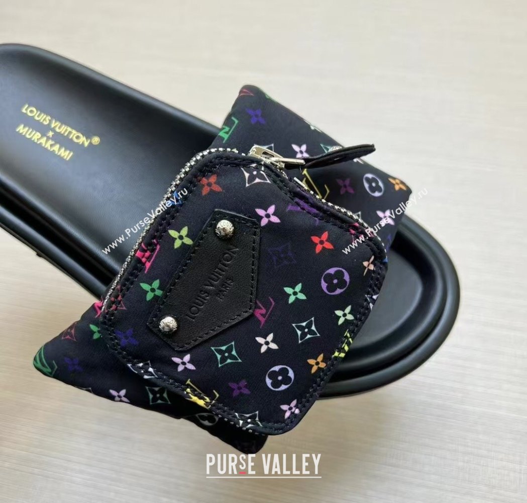 Louis Vuitton LV x TM Pool Pillow Flat Comfort Slides Sandal in Multicolor Monogram Nylon with Pouch Black 2025 (MD-250222074)