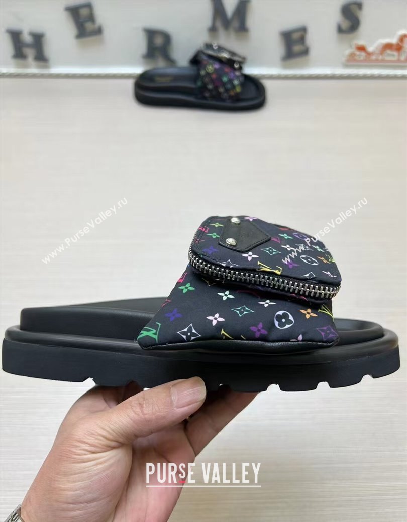 Louis Vuitton LV x TM Pool Pillow Flat Comfort Slides Sandal in Multicolor Monogram Nylon with Pouch Black 2025 (MD-250222074)