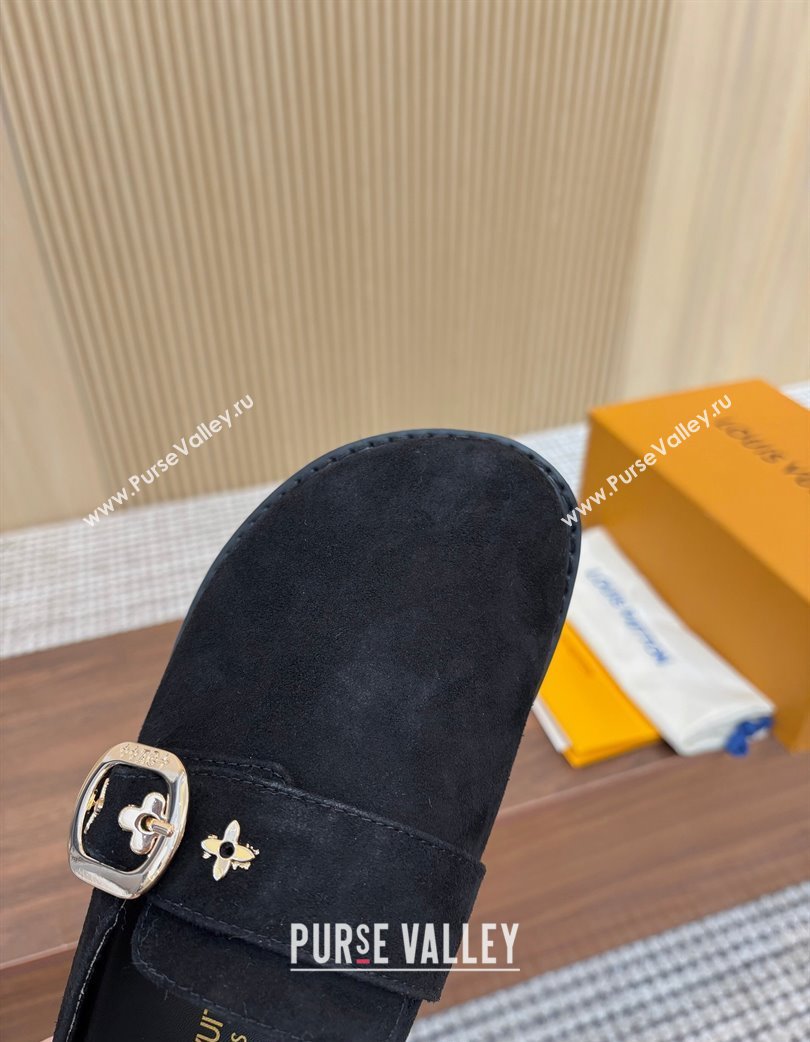 Louis Vuitton LV Cosy Flat Comfort Clog Mules with Buckle Strap in Suede Black 2025 0224 (MD-250224001)