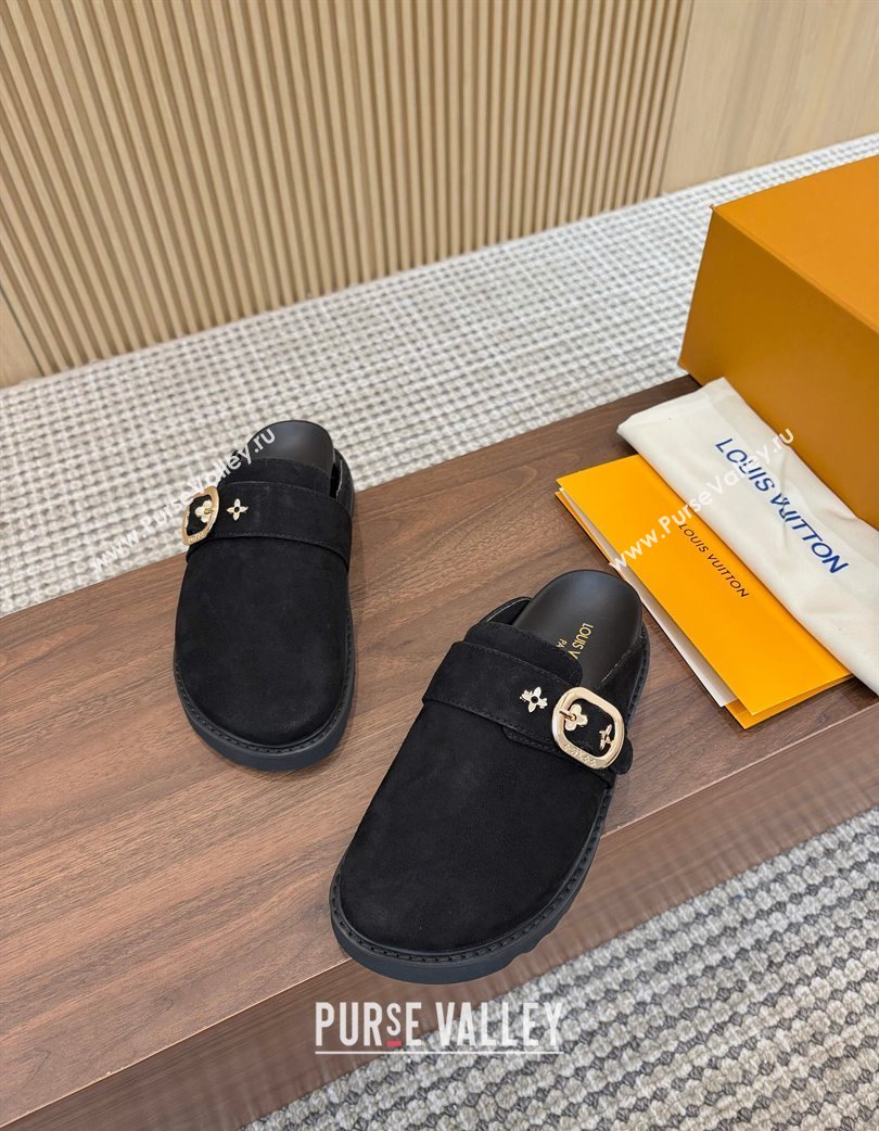 Louis Vuitton LV Cosy Flat Comfort Clog Mules with Buckle Strap in Suede Black 2025 0224 (MD-250224001)