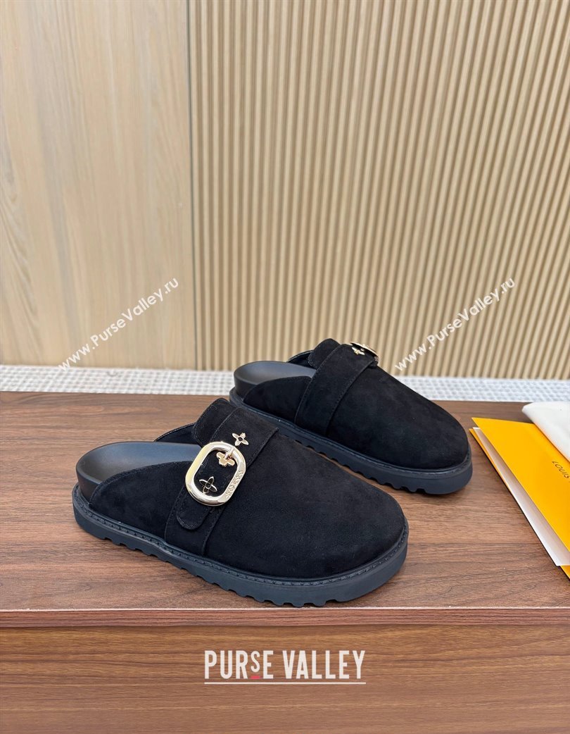 Louis Vuitton LV Cosy Flat Comfort Clog Mules with Buckle Strap in Suede Black 2025 0224 (MD-250224001)