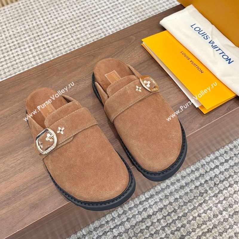 Louis Vuitton LV Cosy Flat Comfort Clog Mules with Buckle Strap in Suede Brown 2025 0224 (MD-250224002)