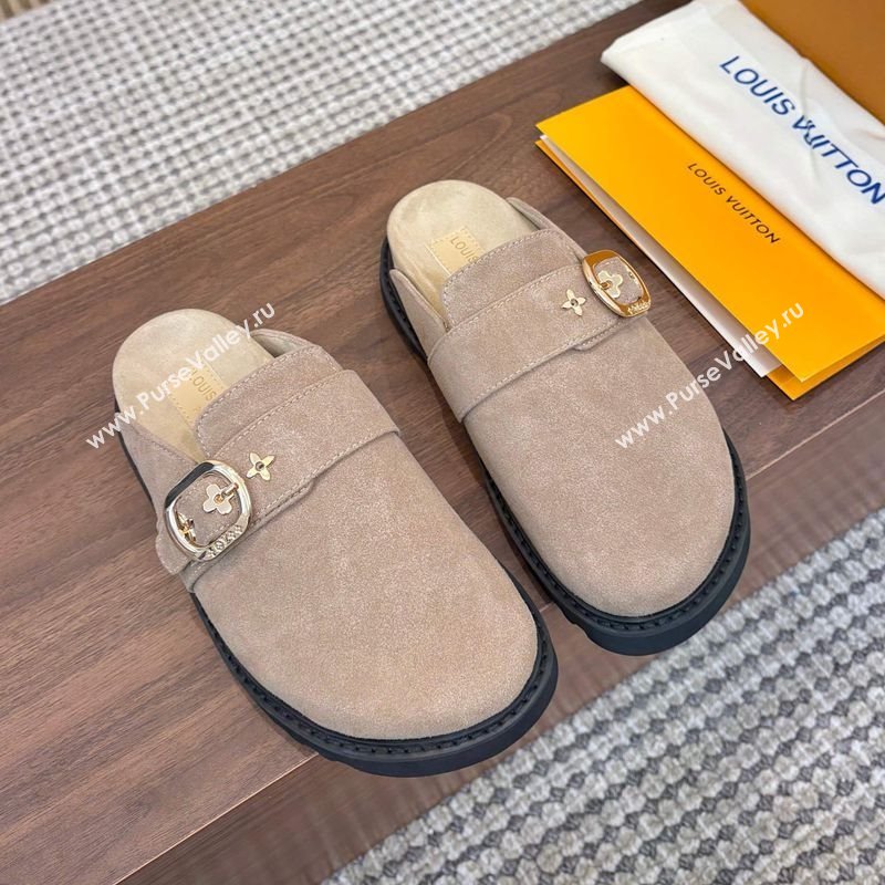 Louis Vuitton LV Cosy Flat Comfort Clog Mules with Buckle Strap in Suede Grey 2025 0224 (MD-250224003)