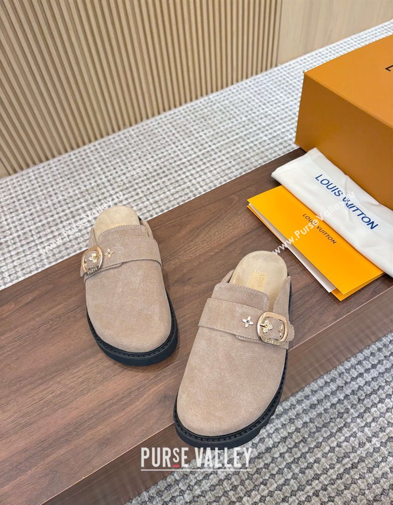 Louis Vuitton LV Cosy Flat Comfort Clog Mules with Buckle Strap in Suede Grey 2025 0224 (MD-250224003)