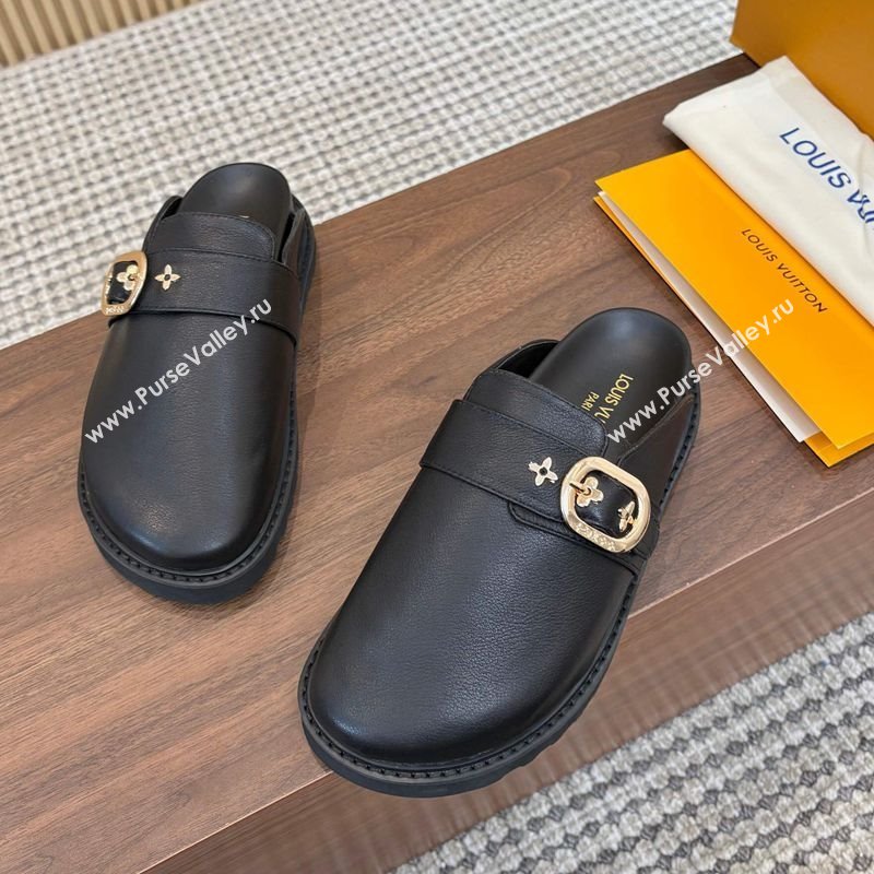 Louis Vuitton LV Cosy Flat Comfort Clog Mules with Buckle Strap in Calfskin Black 2025 0224 (MD-250224005)