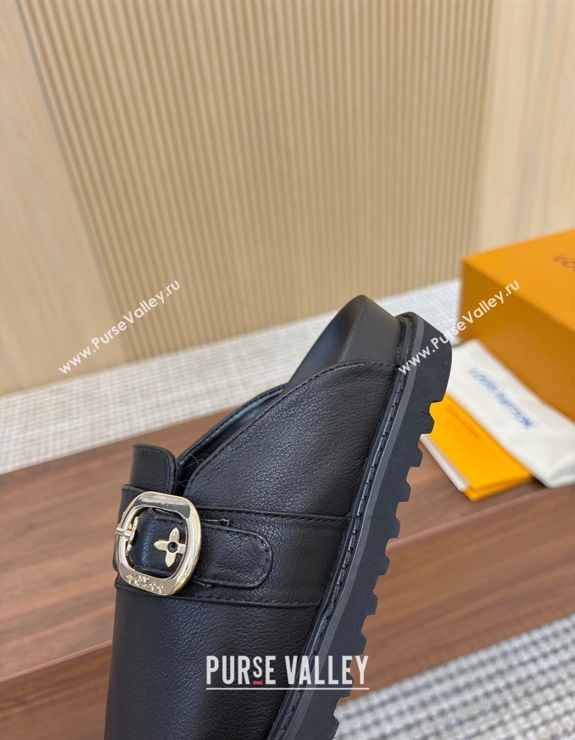 Louis Vuitton LV Cosy Flat Comfort Clog Mules with Buckle Strap in Calfskin Black 2025 0224 (MD-250224005)