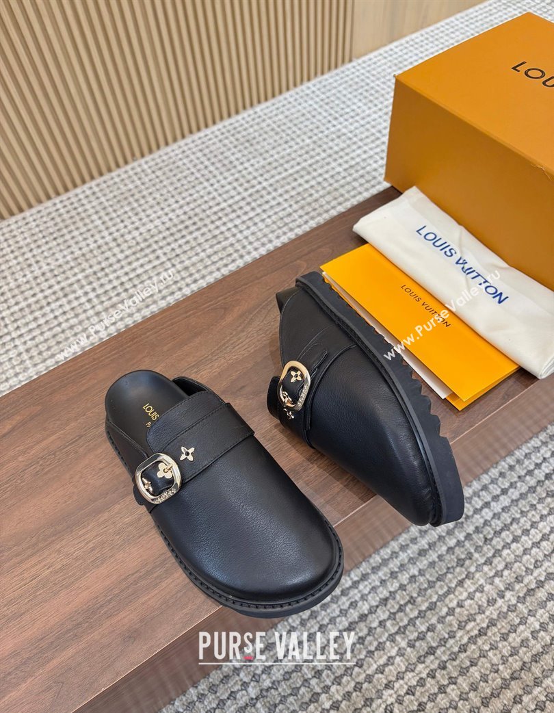 Louis Vuitton LV Cosy Flat Comfort Clog Mules with Buckle Strap in Calfskin Black 2025 0224 (MD-250224005)