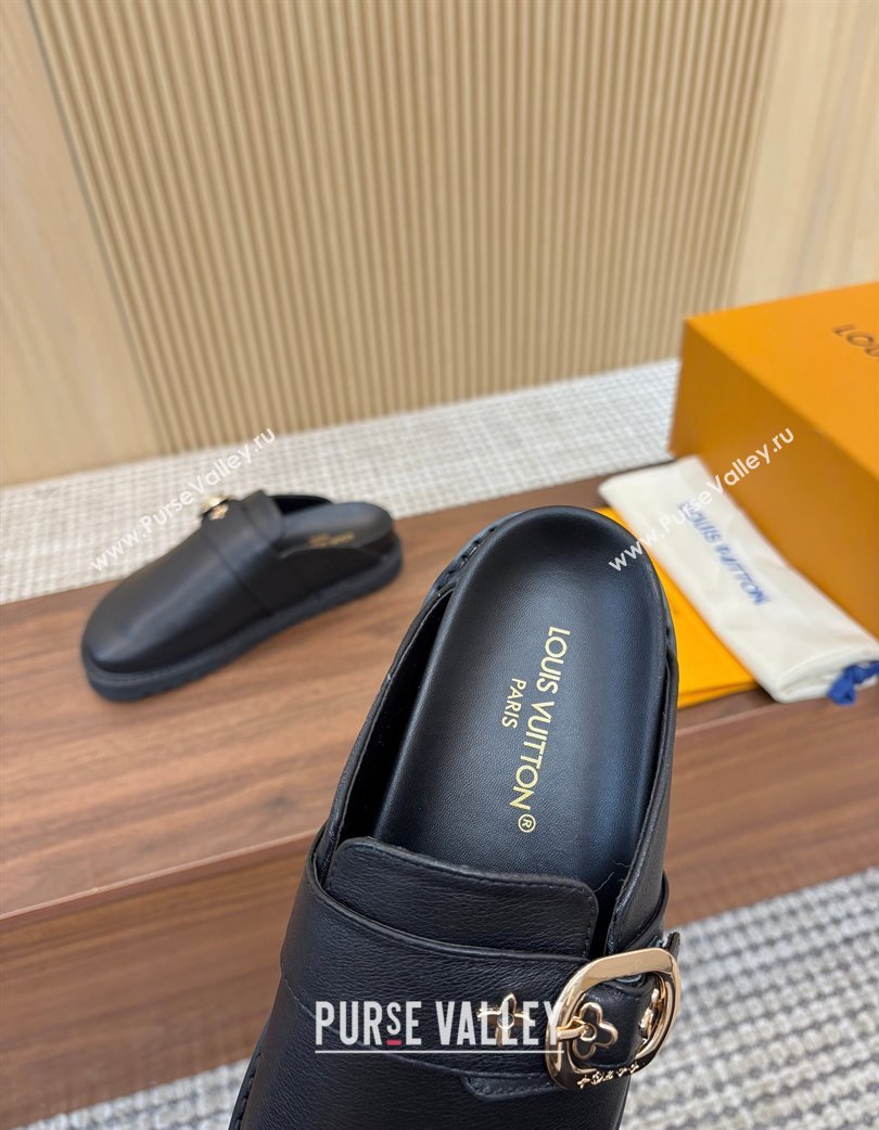 Louis Vuitton LV Cosy Flat Comfort Clog Mules with Buckle Strap in Calfskin Black 2025 0224 (MD-250224005)