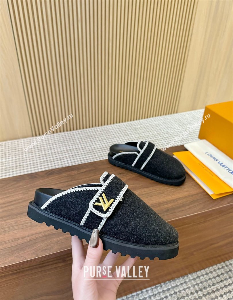 Louis Vuitton LV Cosy Flat Comfort Clog Mules with LV Strap in Wool Black 2025 0224 (MD-250224006)