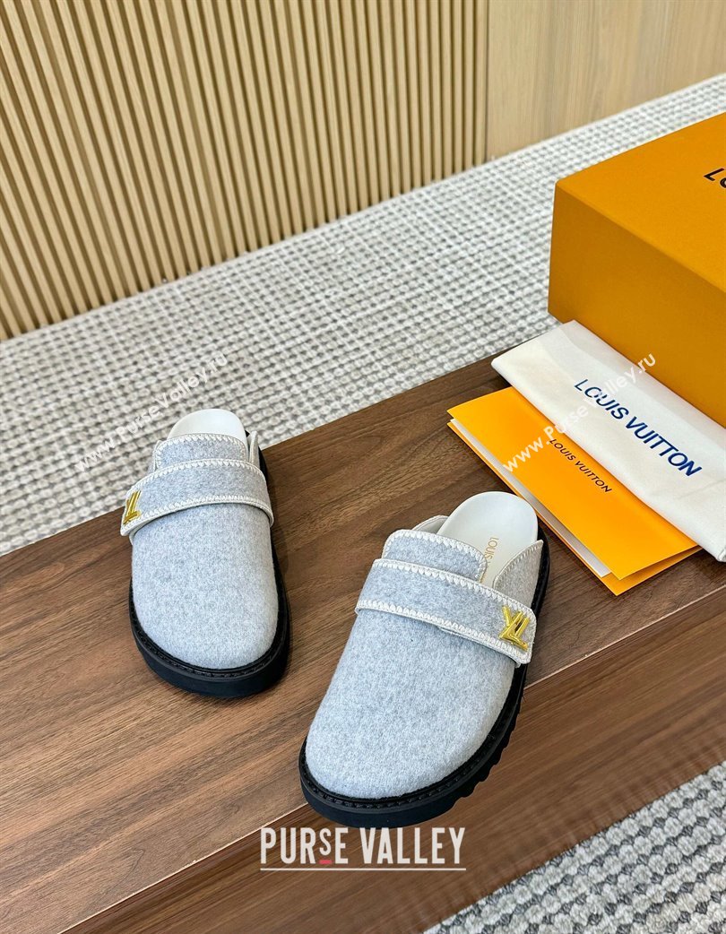 Louis Vuitton LV Cosy Flat Comfort Clog Mules with LV Strap in Wool Light Grey 2025 0224 (MD-250224007)