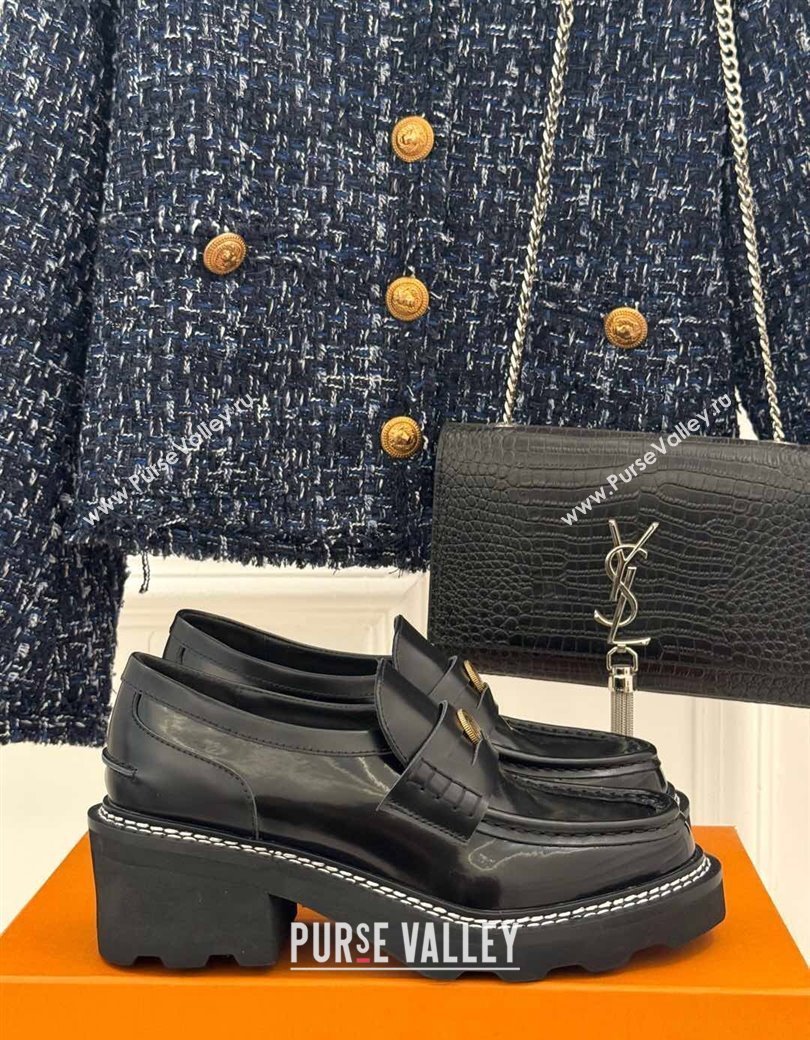 Louis Vuitton LV Beaubourg Platform Loafers 4cm with Coin Charm in Calfskin Leather Black 2025 (MD-250222029)