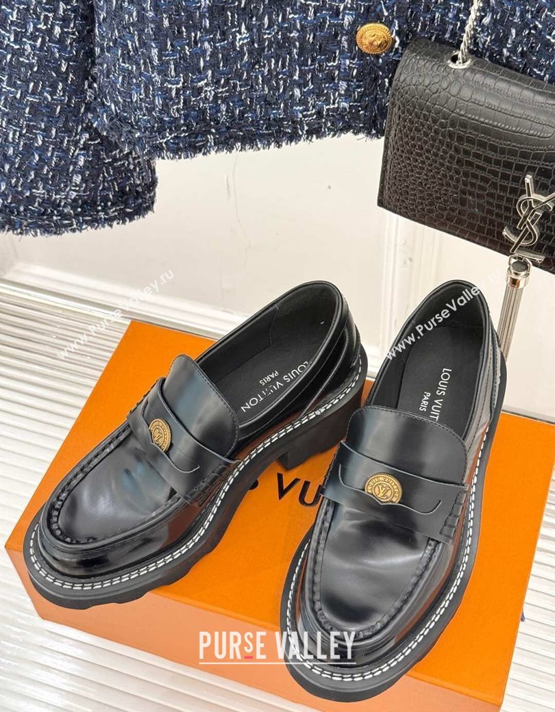 Louis Vuitton LV Beaubourg Platform Loafers 4cm with Coin Charm in Calfskin Leather Black 2025 (MD-250222029)