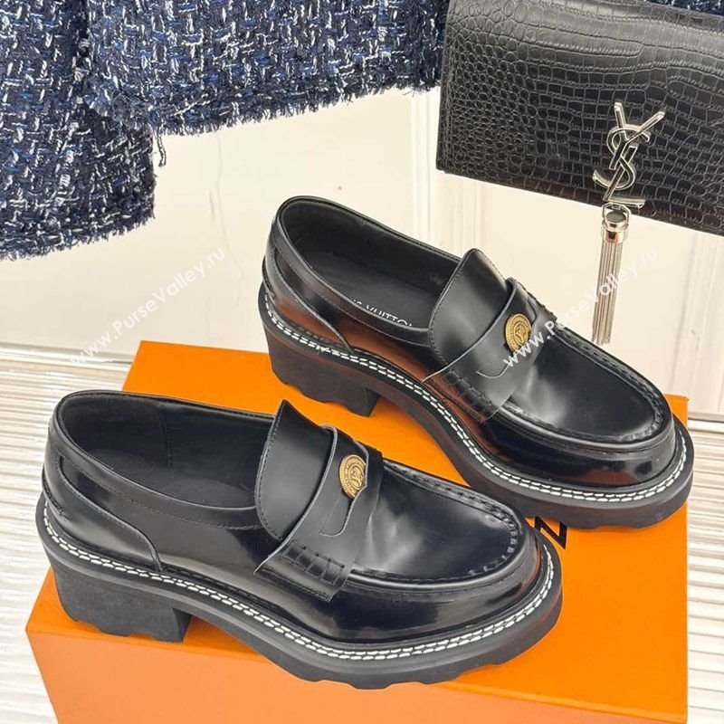 Louis Vuitton LV Beaubourg Platform Loafers 4cm with Coin Charm in Calfskin Leather Black 2025 (MD-250222029)