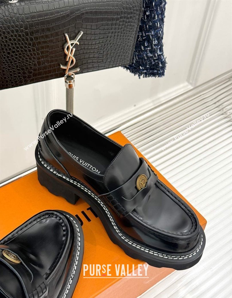 Louis Vuitton LV Beaubourg Platform Loafers 4cm with Coin Charm in Calfskin Leather Black 2025 (MD-250222029)
