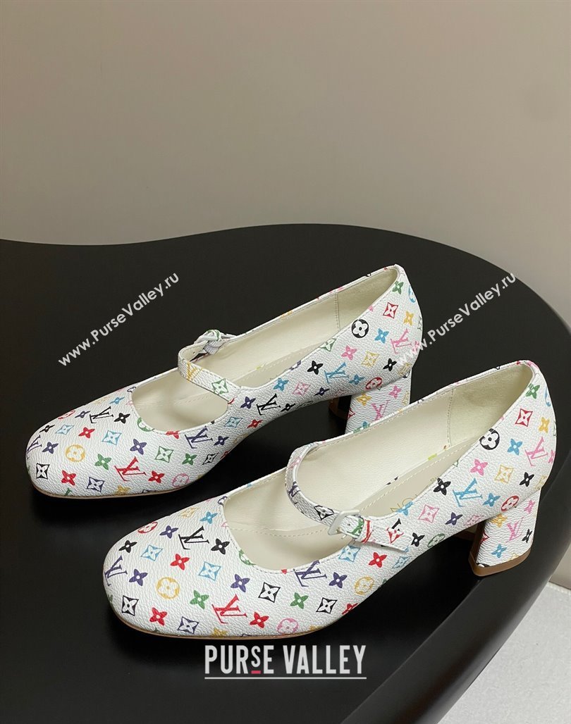 Louis Vuitton LV x TM Swing Mary Janes Pumps 5.5cm in Multicolor Monogram Canvas White 2025 1AGUO5 (SS-250422100)