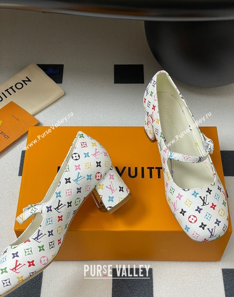 Louis Vuitton LV x TM Swing Mary Janes Pumps 5.5cm in Multicolor Monogram Canvas White 2025 1AGUO5 (SS-250422100)