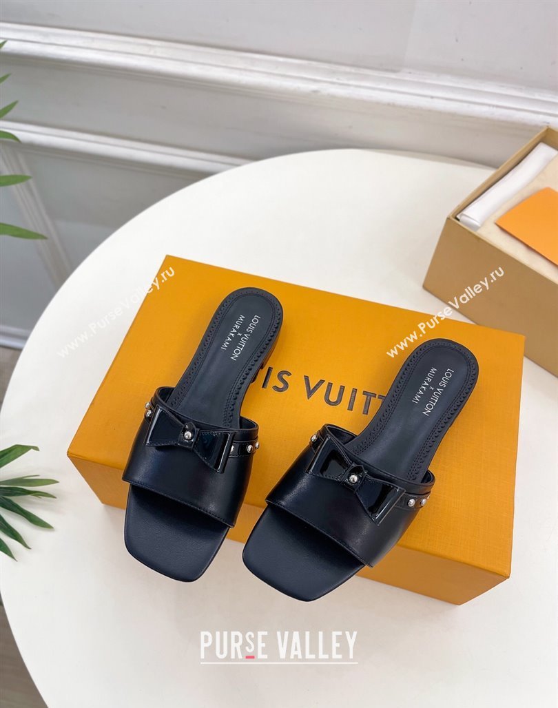 Louis Vuitton 6AM Flat Slides Sandal in Calfskin Leather with Bow Black 2025 (MD-250421097)