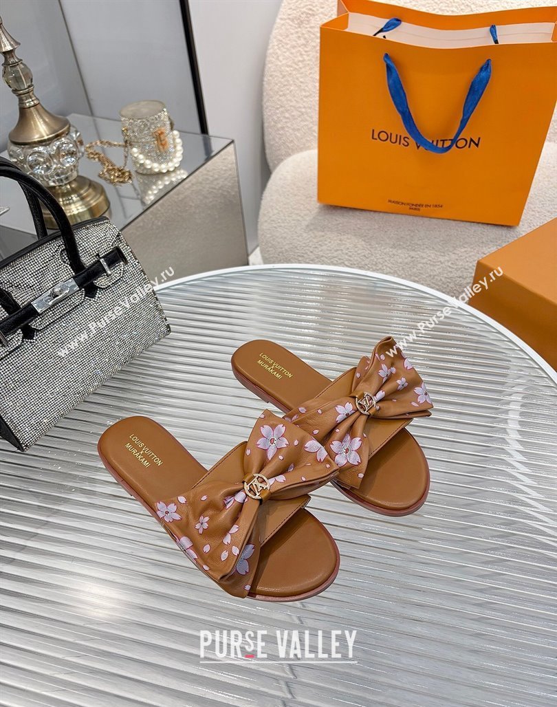 Louis Vuitton LV x TM Lily Flat Slides Sandal with Bow in Cherry Bloom Print Leather Brown 2025 1AGVYB (MD-250422050)