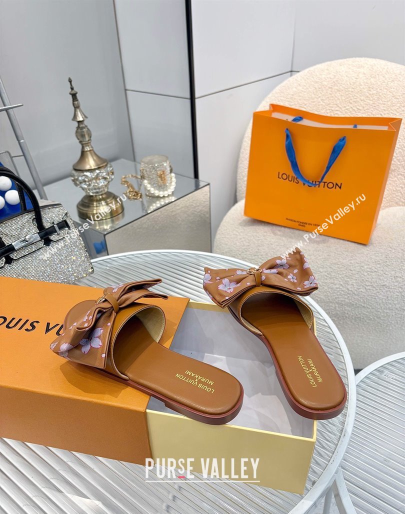 Louis Vuitton LV x TM Lily Flat Slides Sandal with Bow in Cherry Bloom Print Leather Brown 2025 1AGVYB (MD-250422050)