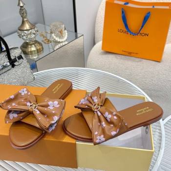 Louis Vuitton LV x TM Lily Flat Slides Sandal with Bow in Cherry Bloom Print Leather Brown 2025 1AGVYB (MD-250422050)