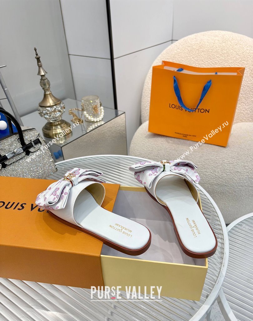 Louis Vuitton LV x TM Lily Flat Slides Sandal with Bow in Cherry Bloom Print Leather White 2025 1AGVYB (MD-250422051)