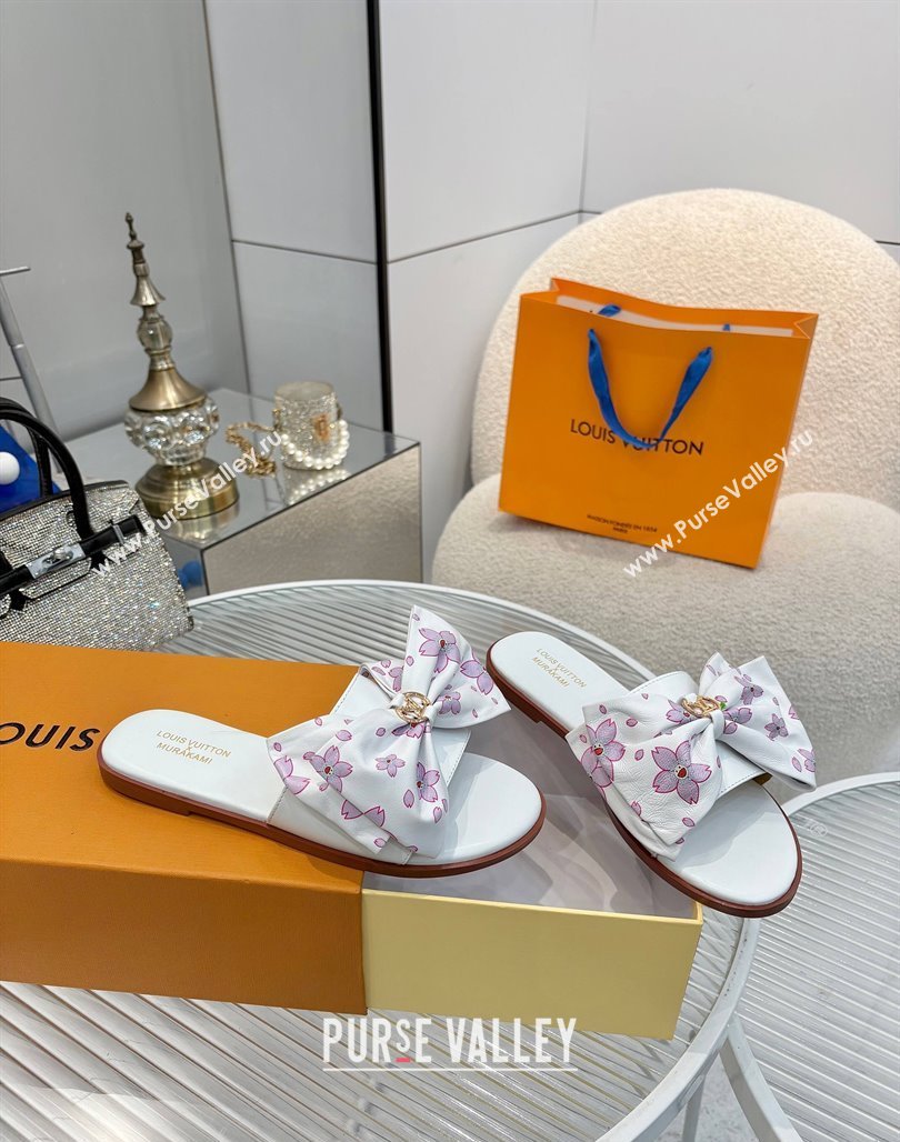Louis Vuitton LV x TM Lily Flat Slides Sandal with Bow in Cherry Bloom Print Leather White 2025 1AGVYB (MD-250422051)