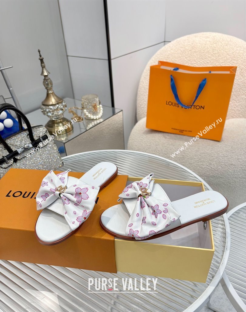 Louis Vuitton LV x TM Lily Flat Slides Sandal with Bow in Cherry Bloom Print Leather White 2025 1AGVYB (MD-250422051)