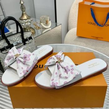 Louis Vuitton LV x TM Lily Flat Slides Sandal with Bow in Cherry Bloom Print Leather White 2025 1AGVYB (MD-250422051)