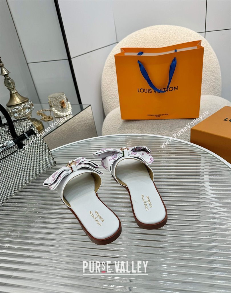 Louis Vuitton LV x TM Lily Flat Slides Sandal with Bow in Cherry Bloom Print Leather White 2025 1AGVYB (MD-250422051)