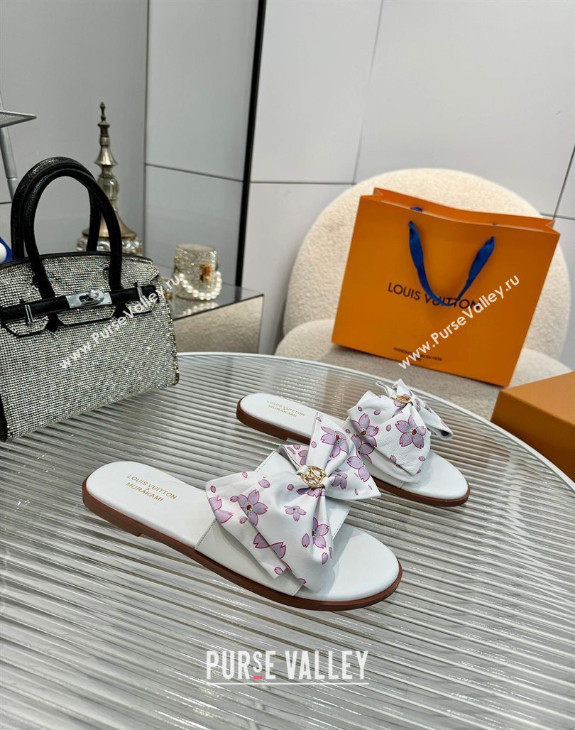 Louis Vuitton LV x TM Lily Flat Slides Sandal with Bow in Cherry Bloom Print Leather White 2025 1AGVYB (MD-250422051)