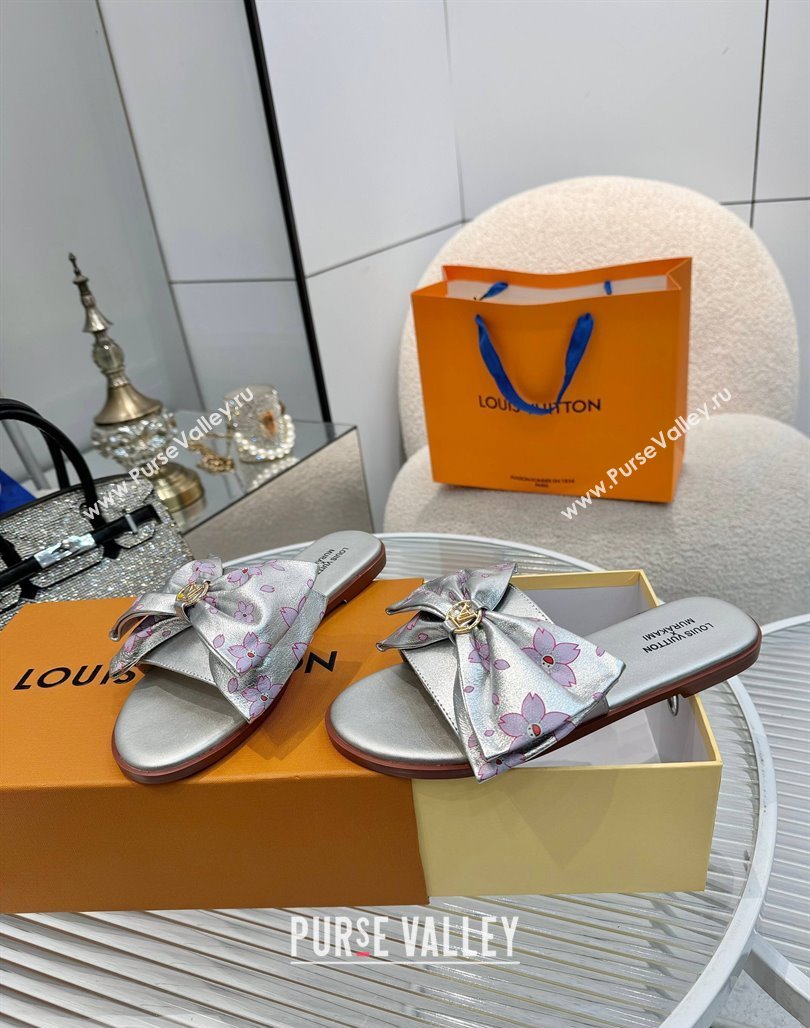 Louis Vuitton LV x TM Lily Flat Slides Sandal with Bow in Cherry Bloom Print Leather Silver 2025 1AGVYB (MD-250422052)