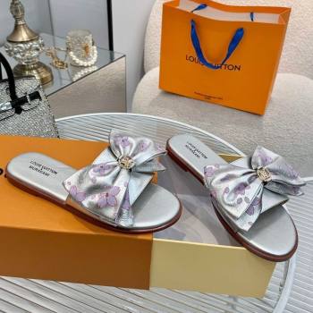 Louis Vuitton LV x TM Lily Flat Slides Sandal with Bow in Cherry Bloom Print Leather Silver 2025 1AGVYB (MD-250422052)