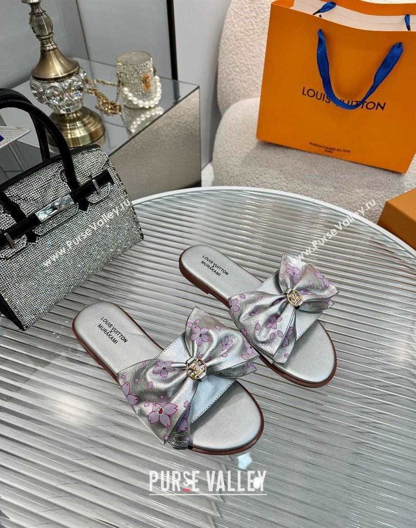 Louis Vuitton LV x TM Lily Flat Slides Sandal with Bow in Cherry Bloom Print Leather Silver 2025 1AGVYB (MD-250422052)