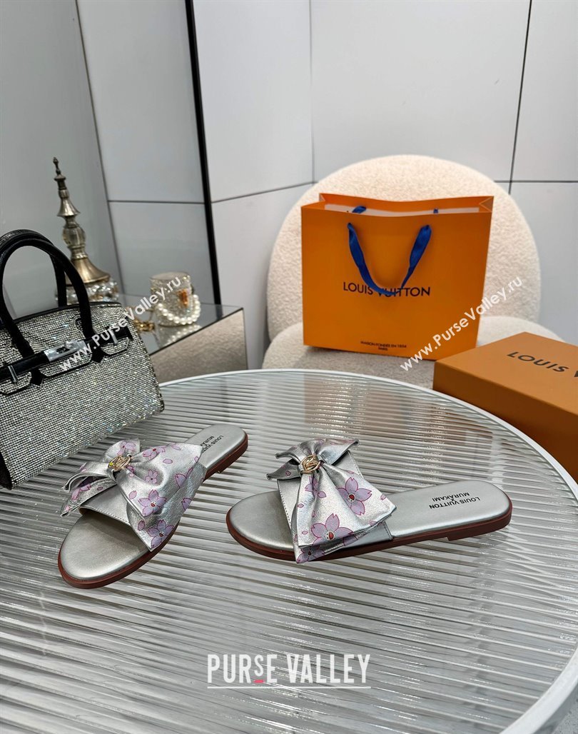 Louis Vuitton LV x TM Lily Flat Slides Sandal with Bow in Cherry Bloom Print Leather Silver 2025 1AGVYB (MD-250422052)