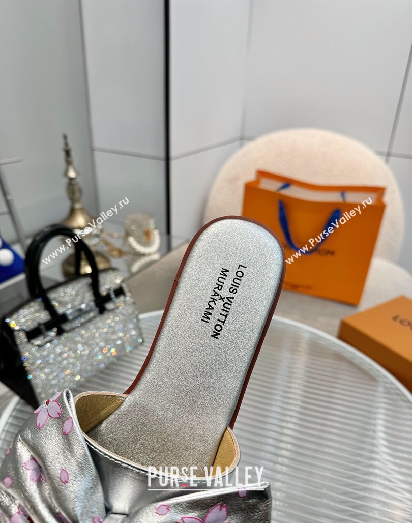Louis Vuitton LV x TM Lily Flat Slides Sandal with Bow in Cherry Bloom Print Leather Silver 2025 1AGVYB (MD-250422052)