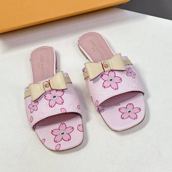 Louis Vuitton LV x TM Neo 6AM Flat Slides Sandal in Cherry Blossoms Print with Bow Pink Leather 2025 (MD-250422002)