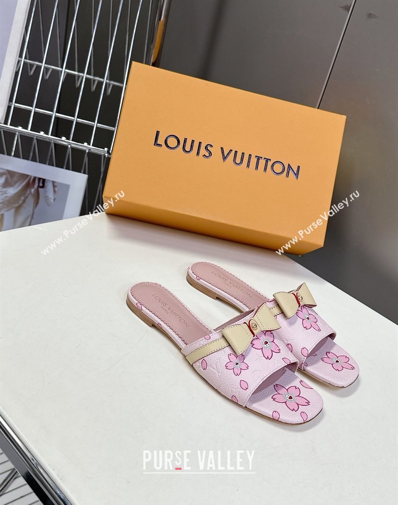 Louis Vuitton LV x TM Neo 6AM Flat Slides Sandal in Cherry Blossoms Print with Bow Pink Leather 2025 (MD-250422002)
